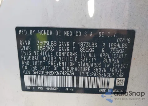 2019 Honda Fit Ex из США, поврежденный, VIN 3HGGK5H8XKM742939